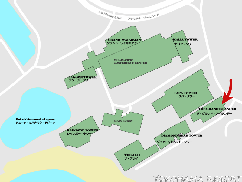 ヒルトン・ハワイアン・ビレッジ・ワイキキ・リゾートの建物配置図