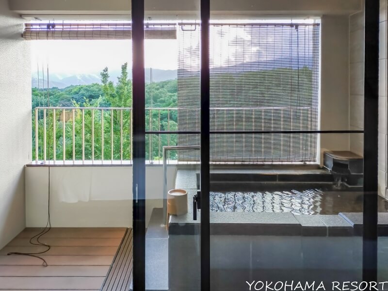 室内からがらず度の向こうに温泉露天風呂と外の緑の景色
