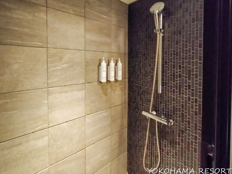 シャワーブースにハンドシャワーと壁に備え付けられた白いシャンプー類