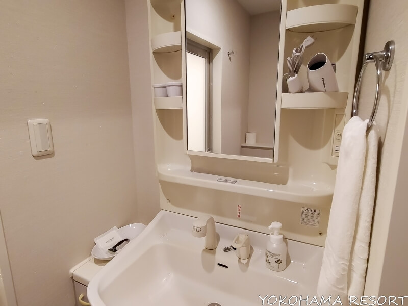 洗面台上の鏡の横にある棚にドライヤーが置いてある