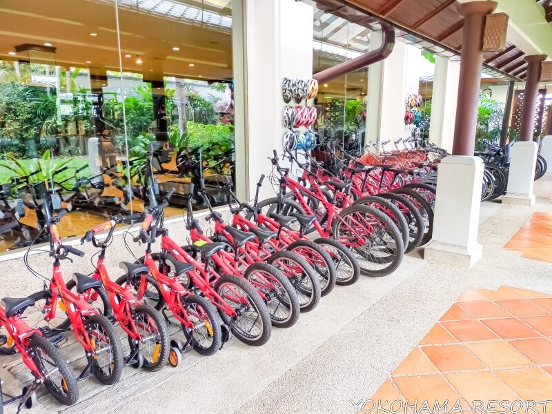 フィットネスセンターの外に置かれた多くの赤いレンタル自転車