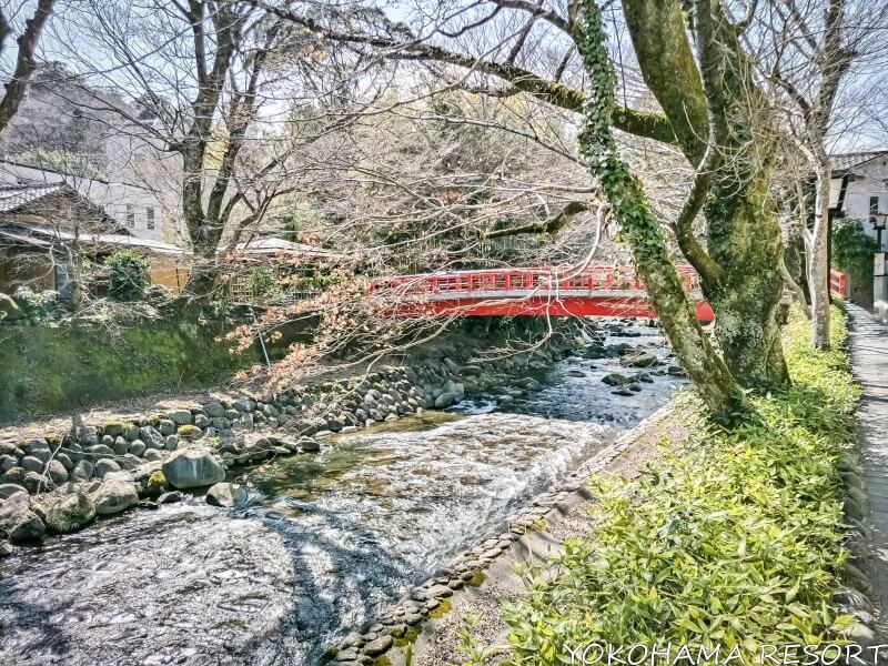 桂川にかかる朱色の欄干の橋